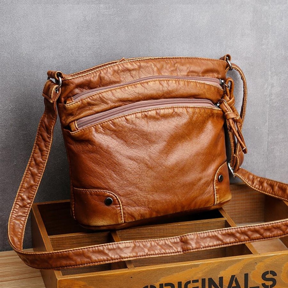 Rust Brown Vegan Leather Zipper Crossbody Bag